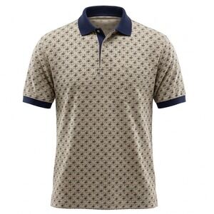 Bugle Boy Polo Shirt Mens Medium Tan Navy Geometric Diamond Print Vintage 90s